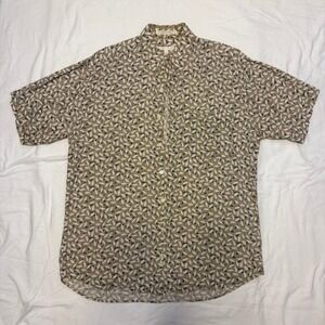 Perry Ellis Mens Shirt Medium Beige Leaf Print Button Up Short Sleeve